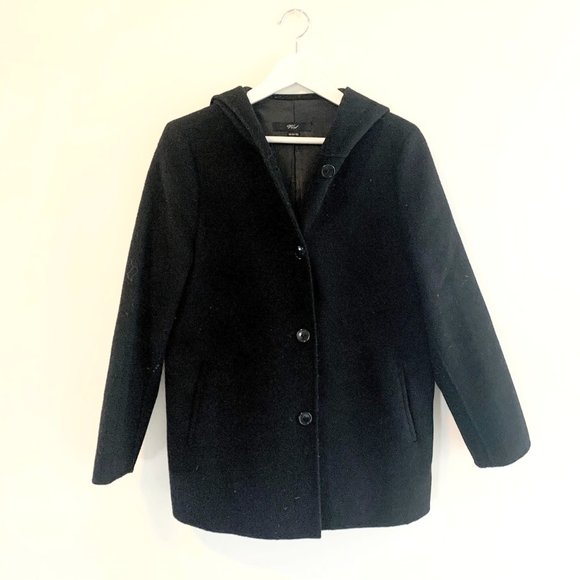 Wool Black Hooded Buttoned Peacoat S - Picture 2 of 4